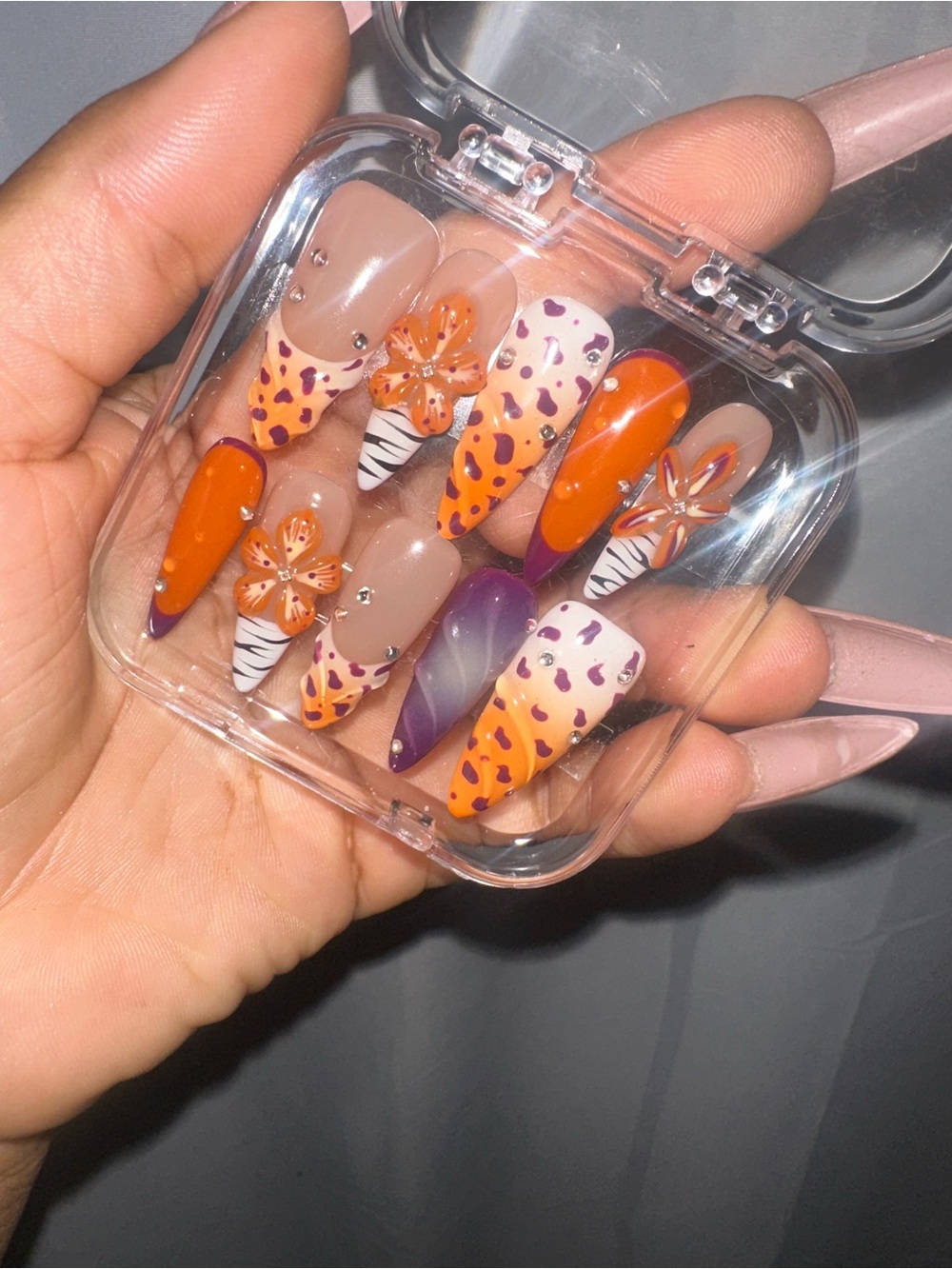 Vibrant Orange & Purple Floral Leopard Press-On Nails